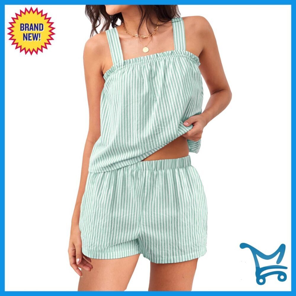 Striped Ruffle Camisole and Shorts Pajama Set Soft Rayon Lounge Sleepwear